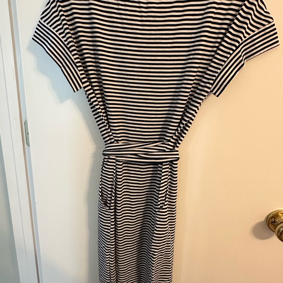Merokeety T-shirt Dress w/pockets/wrap belt-Stripes midi length women’s NWT blue - Picture 5 of 8